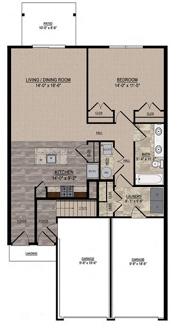 Floor plan for 1 bed, 1 bath, 890 sqft